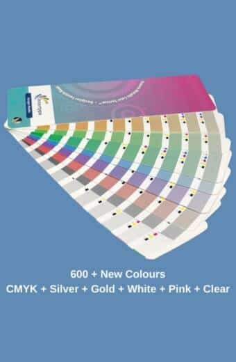 A color swatch fan displaying a variety of over 600 new color samples labeled with CMYK values, additionally featuring silver, gold, white, pink, and clear options.