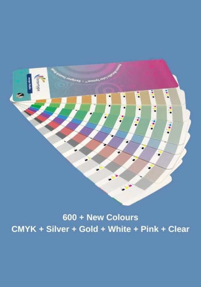 A color swatch fan displaying a variety of over 600 new color samples labeled with CMYK values, additionally featuring silver, gold, white, pink, and clear options.