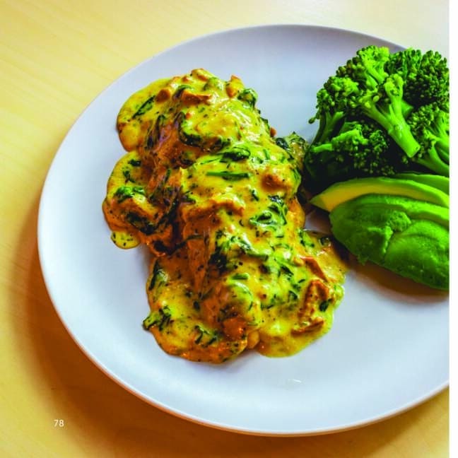 Grilled chicken breast topped with a creamy herb sauce, served alongside steamed broccoli and avocado slices on a white plate.