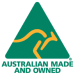 Alt text: Logo featuring a green triangle with a golden kangaroo in the center, and the text "AUSTRALIAN MADE AND OWNED" below, with a registered trademark symbol.