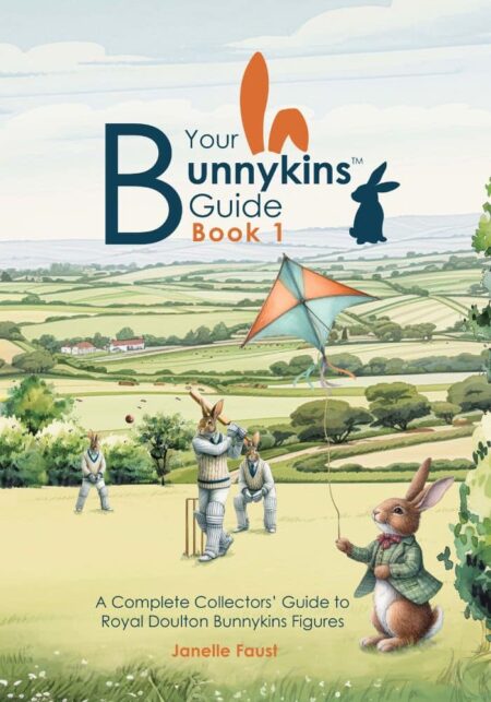 Illustration of anthropomorphic rabbits playing cricket and flying a kite in a countryside scene, the cover of 'Your Bunnykins Guide Book 1' by Janelle Faust.
