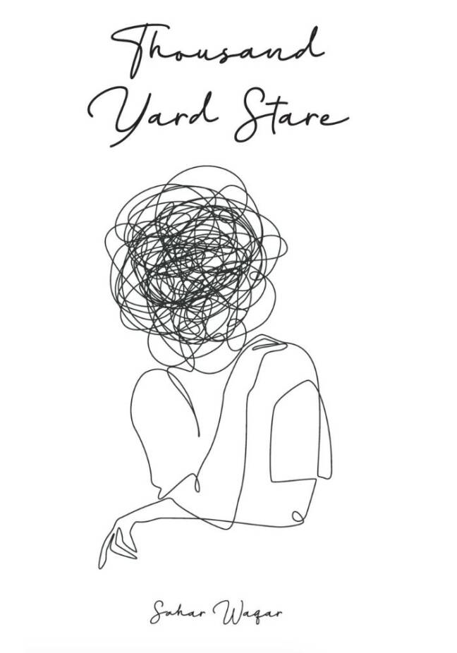 Minimalist line drawing of a seated person with a tangled line representing a "Thousand Yard Stare" above their head, with the artist's name Sarhar Wagar at the bottom.