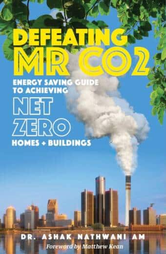 Cover of a book titled 'Defeating Mr CO2' showcasing a smokestack emitting smoke with a cityscape in the background, overlayed with text and leafy branches at the top.