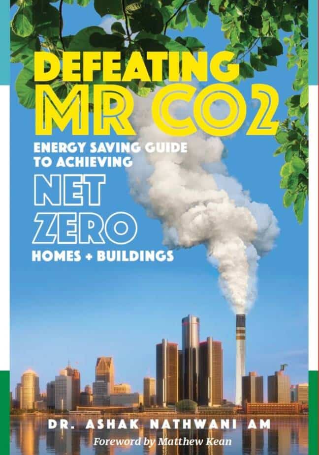 Cover of a book titled 'Defeating Mr CO2' showcasing a smokestack emitting smoke with a cityscape in the background, overlayed with text and leafy branches at the top.