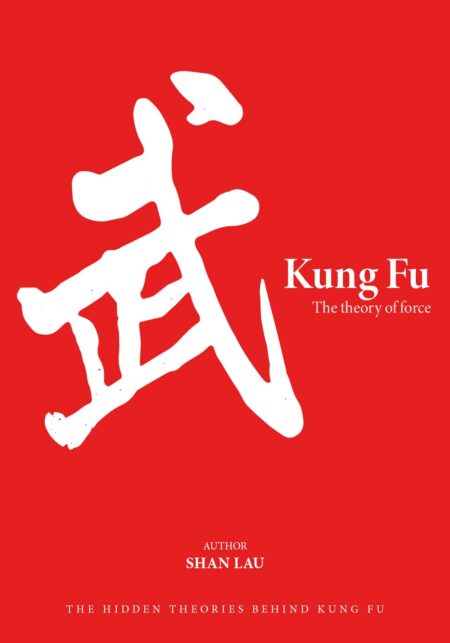 Cover of a book titled "Kung Fu: The Theory of Force" by Shan Lau, featuring a prominent white Chinese character on a red background.